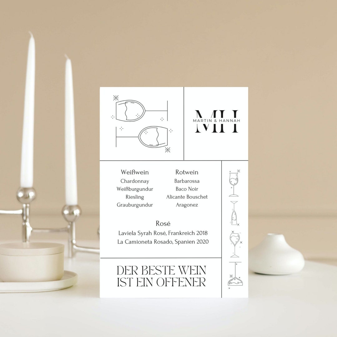 Personalisierte Weinkarte für die Hochzeit Getränkekarte Vorlage in