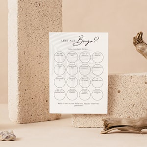 Wedding Bingo PDF Descargar alemán - tarjeta de bingo de boda sencilla de doble cara - cuestionario de boda con motivo de palmera - encontrar al invitado a la boda