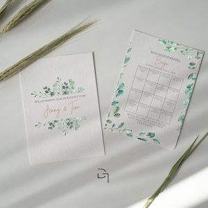 Plantilla de bingo de boda personalizable - cuestionario de boda con eucalipto en estilo verde - juegos de boda para invitados con cartel de bienvenida