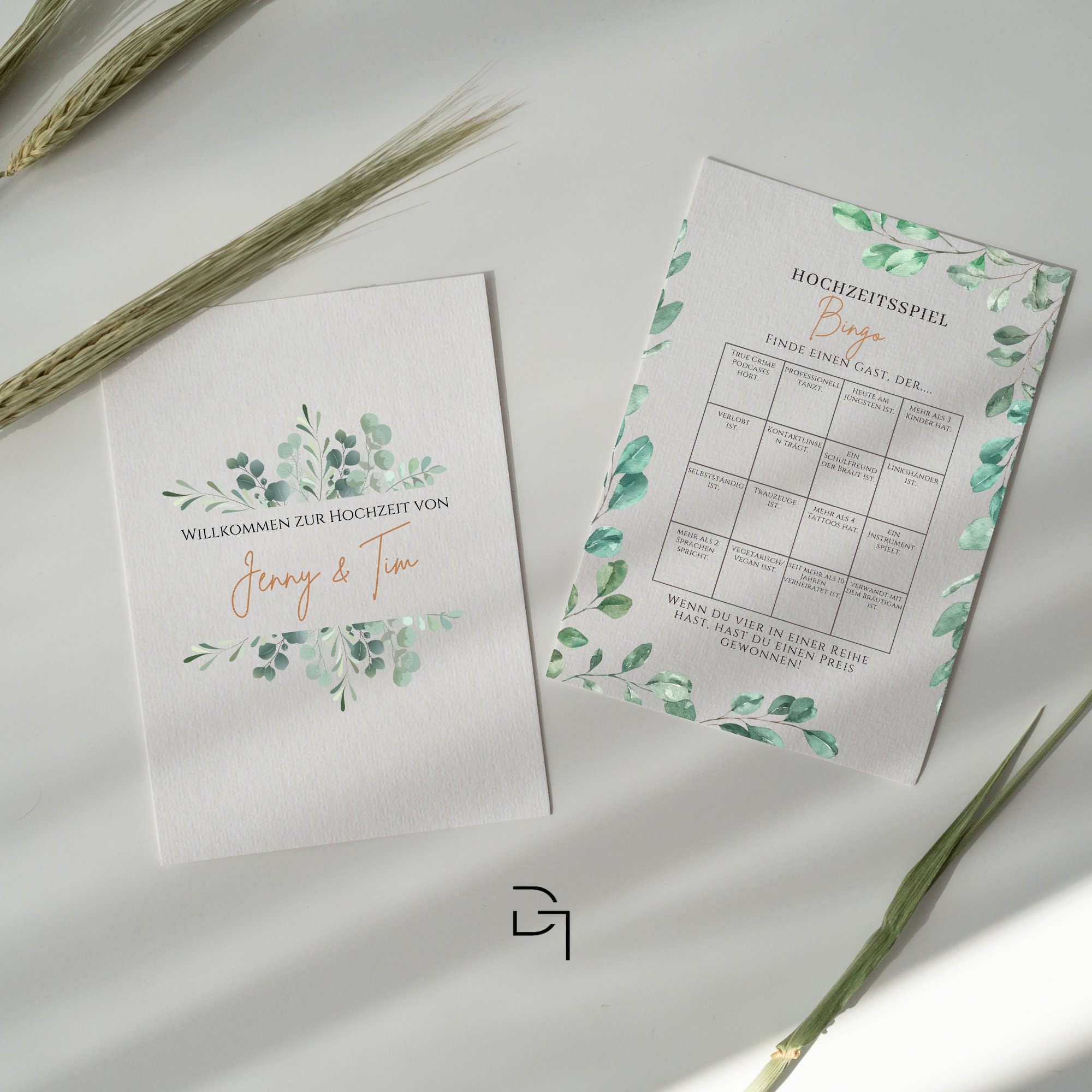 Personalized Wedding Bingo Template - Wedding Quiz with Eucalyptus in Greenery Style - Wedding Games for Guests with Welcome Sign