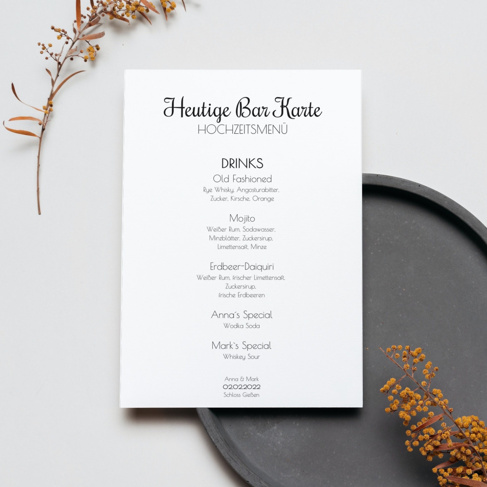 Getränkekarte Hochzeit mit Signature Drinks, Barschild personalisiert
