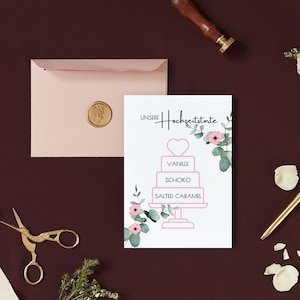 Hochzeitstorte Schild zum Ausdrucken - Hochzeitskuchen Karte mit Geschmacksrichtungen - Kuchen Dekoration - Menükarte Hochzeit greenery