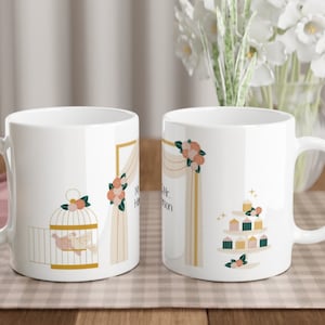 Huwelijkscadeau gepersonaliseerd - Keramische mok met bloempatroon - Witte mok met bruidspaarnamen - Eenvoudige keramische mok 325 ml