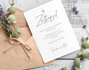 Time capsule wedding cards simple, DIN A4 template for the wedding game time travel, paper guest book cards one-sided, bride and groom gift