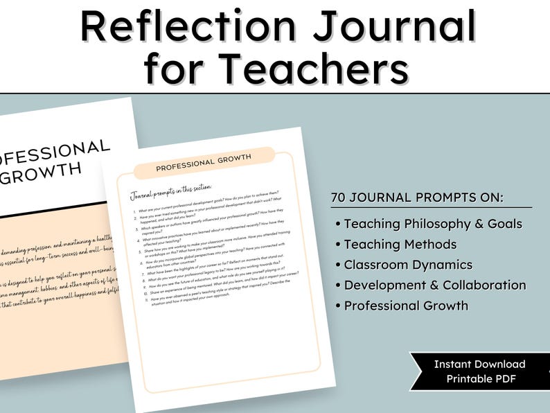 Inside view of the Reflection Journal for Teachers, featuring prompts to enhance your professional growth and personal satisfaction as a teacher.