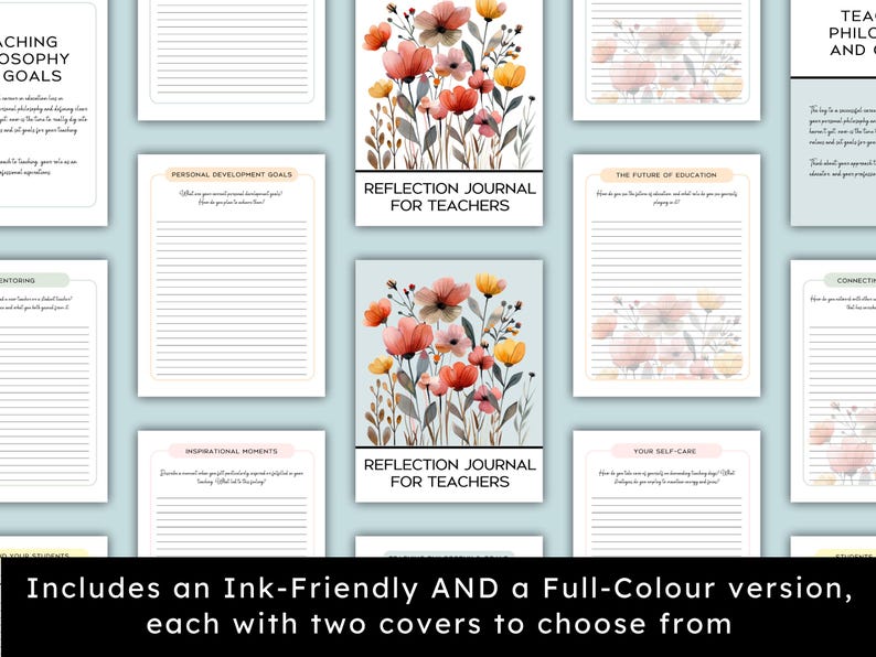 Image showing sample pagex from the Reflection Journal for Teachers, showcasing reflective questions and prompts to enhance teaching practices.