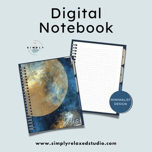 May include: Digital notebook with a celestial design featuring a moon and stars. The notebook is open to reveal lined pages and tabs. The cover has the word "notes" and the text "MINIMALIST DESIGN". The website www.simplyrelaxedstudio.com is also visible.