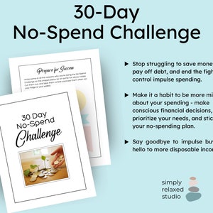 Könnte beinhalten: Ein druckbarer 30-Tage-No-Spend-Challenge-Leitfaden mit Tipps zum Sparen, zur Tilgung von Schulden und zur Kontrolle von Impulskäufen. Der Leitfaden zeigt eine Grafik einer Pflanze, die aus Münzen wächst. Der Text "30 Day No-Spend Challenge" ist auf dem Leitfaden abgebildet.