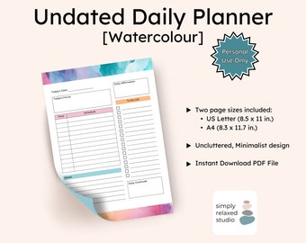 Afdrukbare, ongedateerde dagplanner, minimalistisch aquarelontwerp (pdf)