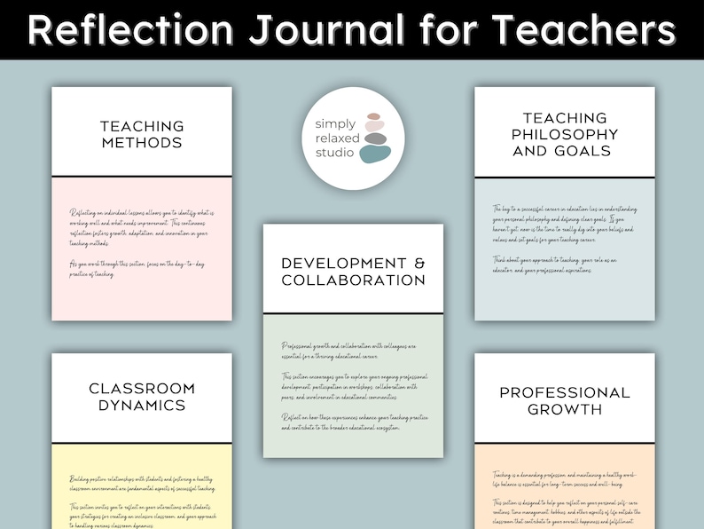 Section covers of the Reflection Journal for Teachers, emphasizing its value as a resource for ongoing self-assessment and improvement.
