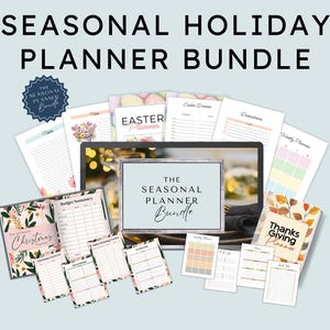 May include: A digital planner bundle for seasonal holidays, including Christmas, Easter, and Thanksgiving. The bundle includes printable planners with budget summaries, weekly themes, and to-do lists.