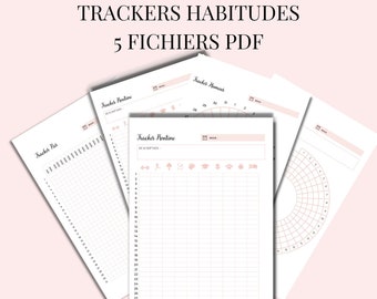 May include: Five printable PDF trackers for habits, mood, routine, sleep, and a mood tracker. The trackers are designed with a pink and white color scheme and have a simple, minimalist design.