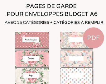 Pages de garde imprimables pour enveloppes budget zip A6 15 catégories préremplies + vierges en français PDF