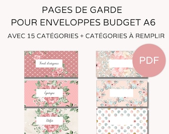 Pages de garde imprimables pour enveloppes budget zip A6 15 catégories préremplies + vierges en français PDF