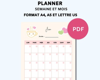 Weekly and monthly diary in French undated printable in French PDF format A4 A5 and Letter included