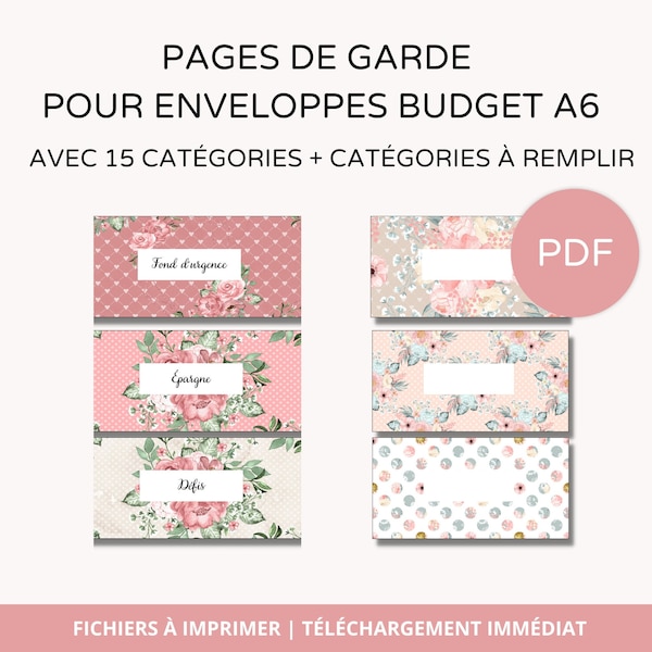 Pages de garde imprimables pour enveloppes budget zip A6 15 catégories préremplies + vierges en français PDF