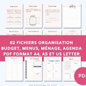 Op de afbeelding: Een set van 82 printbare PDF-bestanden voor organisatie, inclusief budget, menu's, huishoudelijk beheer en agenda's. De bestanden zijn beschikbaar in de formaten A4, A5 en US Letter. De afbeelding toont een voorbeeldpagina met een weekplanner, een lijst met doelen en een lijst met prioriteiten.