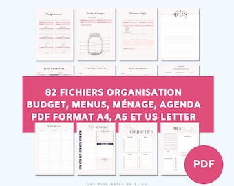 Puede incluir: Un conjunto de 82 archivos PDF imprimibles para la organización, que incluyen presupuesto, menús, gestión del hogar y agendas. Los archivos están disponibles en tamaños A4, A5 y US Letter. La imagen muestra una página de muestra con un planificador semanal, una lista de objetivos y una lista de prioridades.