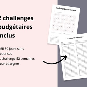 May include: Two printable budget challenges: a 30-day no-spend challenge and a 52-week savings challenge. The printable sheets include a calendar for tracking spending and a table for tracking savings.