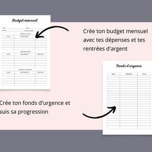 May include: Printable budget planner and emergency fund tracker in French. The budget planner includes sections for income, fixed expenses, and variable expenses. The emergency fund tracker includes columns for month, amount, and total.