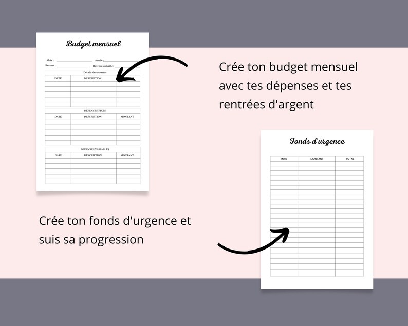 May include: Printable budget planner and emergency fund tracker in French. The budget planner includes sections for income, fixed expenses, and variable expenses. The emergency fund tracker includes columns for month, amount, and total.