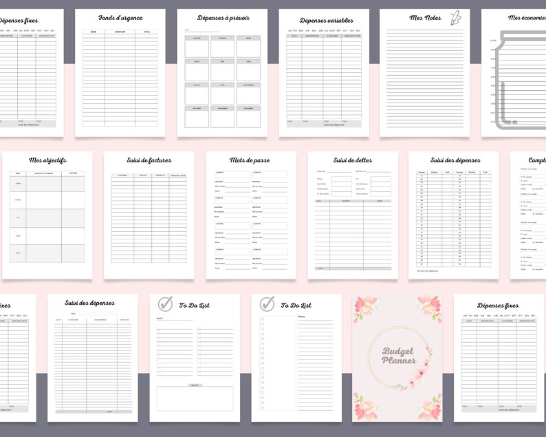 May include: A printable budget planner with sections for tracking expenses, income, savings, and goals. The planner features a floral design and the text "Budget Planner".