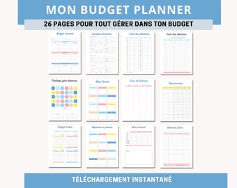 May include: A printable budget planner with 26 pages to help you manage your finances. The pages are color-coded and include sections for monthly budget, expense tracking, bill payments, and more. The text on the cover reads "MON BUDGET PLANNER 26 PAGES POUR TOUT GÉRER DANS TON BUDGET".