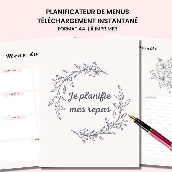 Planner de menus en français à télécharger, menus jour, semaine et mois, fiche recette, liste de courses, inventaire à imprimer PDF A4