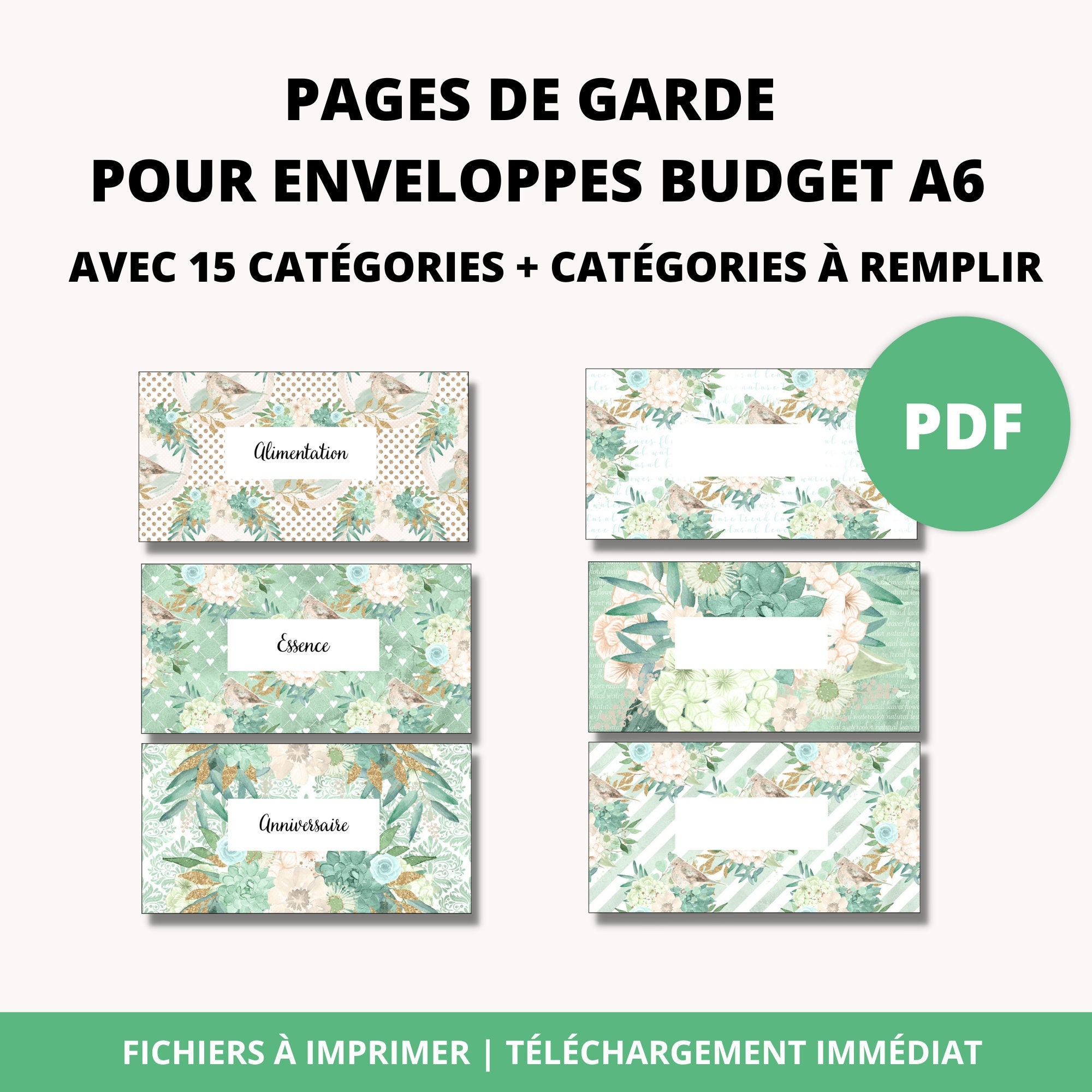 Printable cover pages for A6 zip budget envelopes 15 categories pre-filled + blank in French PDF