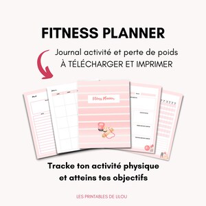 Peut inclure: Un planificateur de remise en forme imprimable rose et blanc avec le texte "Fitness Planner" et une illustration aquarelle d'un haltère, d'une corde à sauter et d'un tapis de yoga. Le texte "Journal activité et perte de poids À TÉLÉCHARGER ET IMPRIMER" est également inclus. Le texte "Tracke ton activité physique et atteins tes objectifs" est en bas de l'image. Le texte "LES PRINTABLES DE LILOU" est en bas de l'image.
