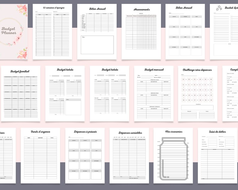 May include: A printable budget planner with pages for tracking weekly, monthly, and yearly expenses. The planner includes sections for budgeting, saving, and debt management. The pages are decorated with floral illustrations.