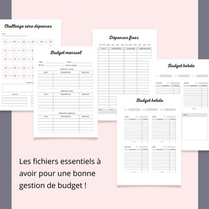 May include: A printable budget planner with worksheets for tracking expenses, fixed costs, and weekly and monthly budgets. The text on the page reads "Challenge zero d&eacute;penses", "D&eacute;penses fixes", "Budget mensuel", "Budget hebdo", and "Les fichiers essentiels &agrave; avoir pour une bonne gestion de budget!"