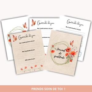 May include: Printable gratitude journal pages with a watercolor floral design featuring red poppies, green leaves, and butterflies. The pages are titled "Gratitude du jour" and "Journal de gratitude".