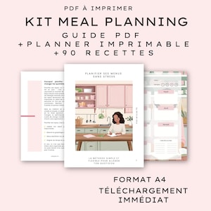 Peut inclure: Kit de planification de repas numérique avec un design rose et blanc. Le kit comprend un guide PDF, un planificateur imprimable et 90 recettes. La couverture du guide présente une illustration d'une femme dans une cuisine. Texte : "Planification des repas".