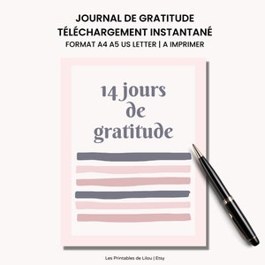 Diario de gratitud para descargar en formato francés A4 A5 y Us Letter, 14 días para practicar la gratitud