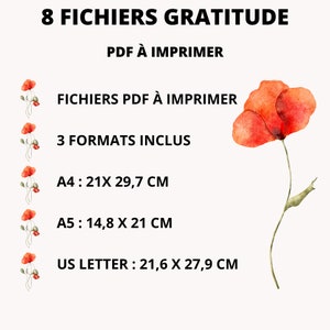 May include: A digital download of 8 printable PDF files for gratitude journaling. The files are available in three formats: A4 (21 x 29.7 cm), A5 (14.8 x 21 cm), and US Letter (21.6 x 27.9 cm). The image features a watercolor illustration of a red poppy.