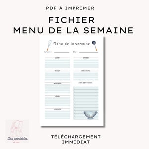 May include: Printable weekly menu planner with a blue and white watercolor illustration of a kitchen utensil and a colander. The planner includes sections for each day of the week, a grocery list, and space for the week and date.