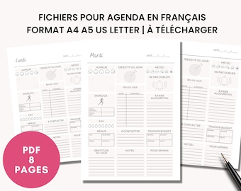 Planning journalier à imprimer minimaliste en français PDF format A4 A5 et Lettre pour recharge agenda non daté