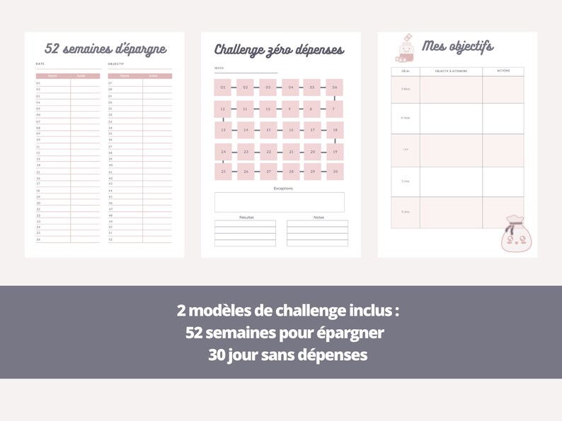 Puede incluir: Planificador imprimible con dos plantillas de desaf&iacute;o: 52 semanas de ahorro y 30 d&iacute;as sin gastos. El planificador tambi&eacute;n incluye una secci&oacute;n para establecer objetivos.
