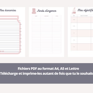 Puede incluir: Planificador de presupuesto imprimible con tres secciones: "Mis ahorros", "Fondo de emergencia" y "Mis objetivos". Cada secci&oacute;n tiene una ilustraci&oacute;n linda y una tabla para realizar un seguimiento de las finanzas.