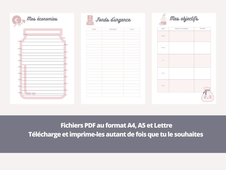 Puede incluir: Planificador de presupuesto imprimible con tres secciones: "Mis ahorros", "Fondo de emergencia" y "Mis objetivos". Cada secci&oacute;n tiene una ilustraci&oacute;n linda y una tabla para realizar un seguimiento de las finanzas.