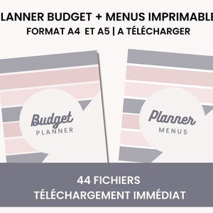 Peut inclure: Deux couvertures de planificateur imprimables, l'une pour le budget et l'autre pour les menus. Les couvertures sont roses et grises avec un motif rayé. Le texte sur les couvertures indique "Budget Planner" et "Planner Menus". Le texte "44 FICHIERS TÉLÉCHARGEMENT IMMÉDIAT" est en bas de l'image.