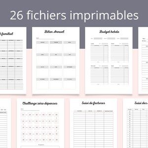 May include: A set of 26 printable budget planner worksheets in black and white. The worksheets include titles such as "Budget Familial", "Bilan Annuel", "Budget Hebdo", "Budget Mensuel", "D&eacute;penses Fixes", "Challenge Zero D&eacute;penses", "Suivi de Factures", and "Suivi des D&eacute;penses".