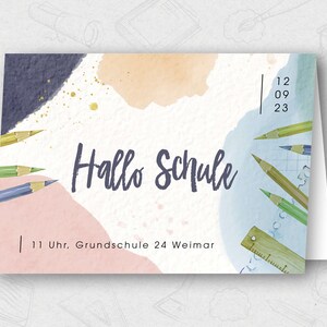Für Sie vom Grafiker gestaltet Schuleinführungskarte - Klappkarte - 148 x 105 Farbklecks Stifte