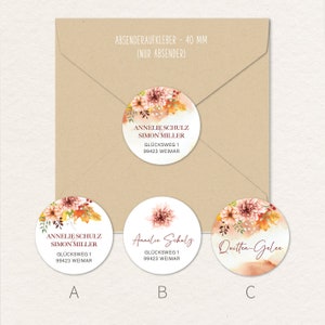 Autocollants d'adresse personnalisés autocollants de mariage nom fleurs d'automne 40 mm rond automne