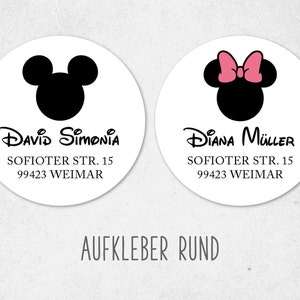 120 pegatinas de direcciones: redondas de 40 mm I Comic Mickey Mouse, Minnie Mouse, cuentos de hadas, escuela, guardería