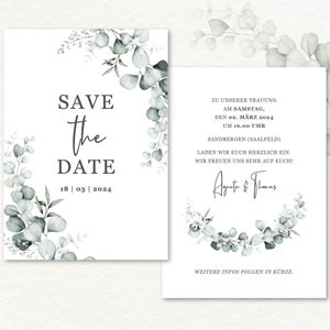 May include: Save the Date card with a watercolor eucalyptus wreath design. The card features the text "Save the Date" with the date "18 | 03 | 2024". The second card features the text "Zu unserer Trauung am Samstag, den 02. März 2024 um 16.00 Uhr Sandbergen (Saalfeld) Laden wir euch herzlich ein. Wir freuen uns sehr auf euch! Agneta & Thomas Weitere Infos folgen in kürze."