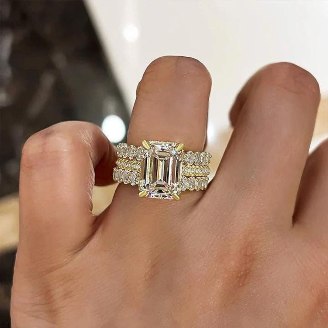 Hidden Halo Emerald Cut Engagement Ring Moissanite Engagement Ring ...
