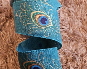 Peacock feather blue wired ribbon per metre