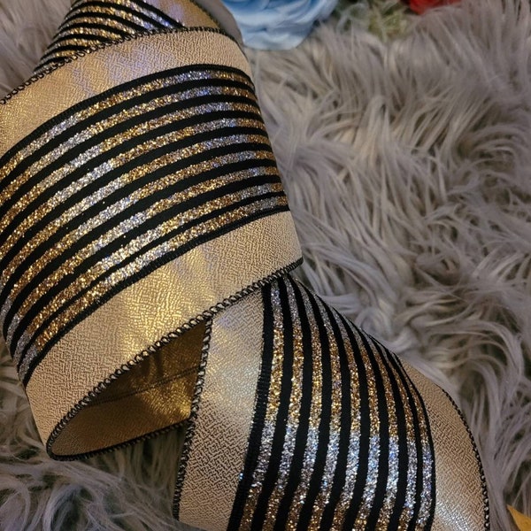 Luxury wired gold and black ribbon. Xmas crafts per 1 meter